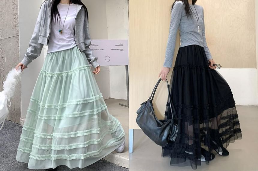 High Waist Plain Frill Trim Mesh Maxi A-Line Skirt