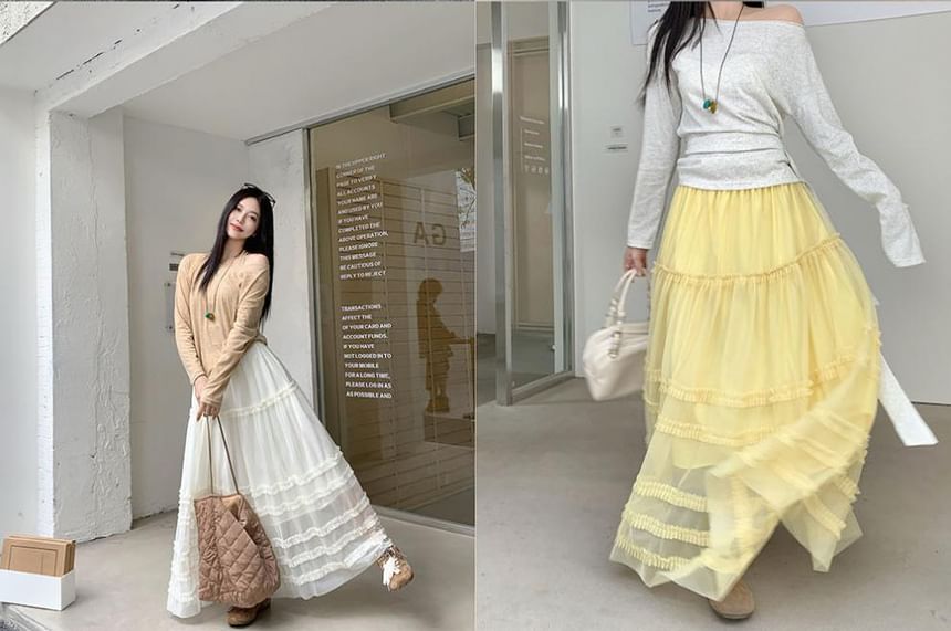 High Waist Plain Frill Trim Mesh Maxi A-Line Skirt