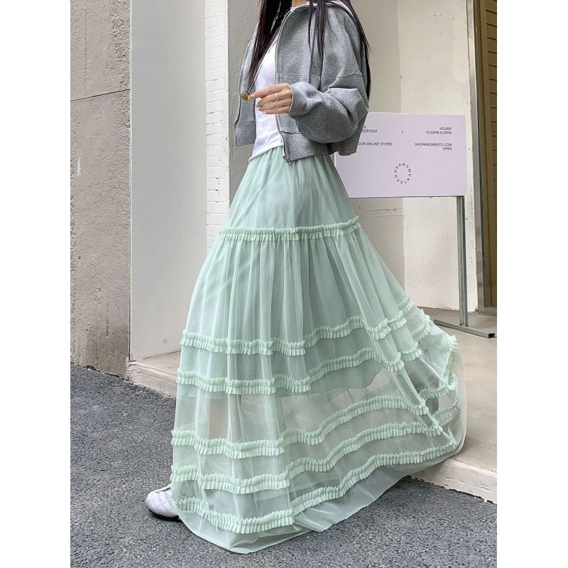 High Waist Plain Frill Trim Mesh Maxi A-Line Skirt