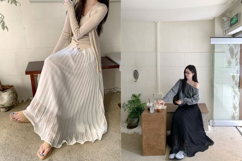 High Waist Plain Accordion Pleated Maxi A-Line Skirt