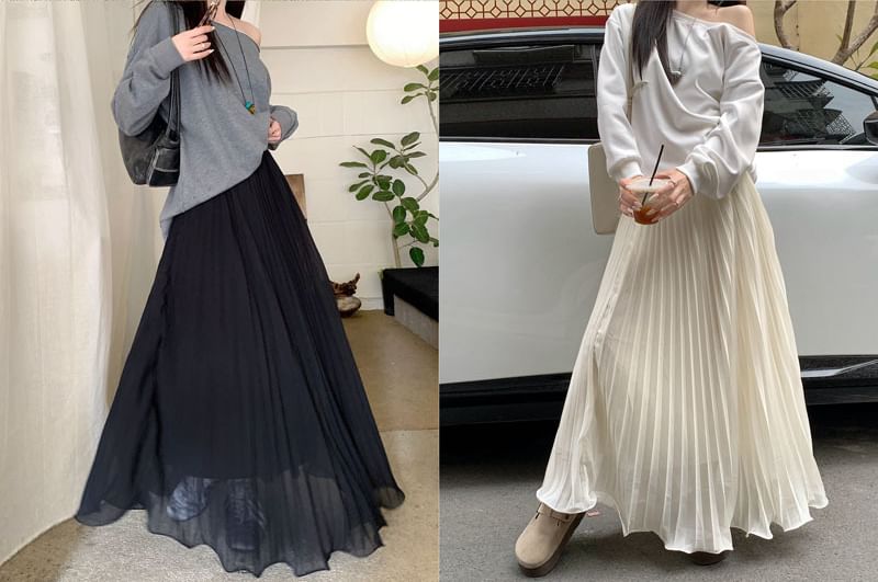 High Waist Plain Accordion Pleated Maxi A-Line Skirt