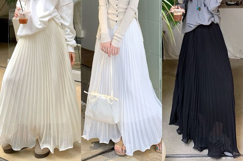 High Waist Plain Accordion Pleated Maxi A-Line Skirt