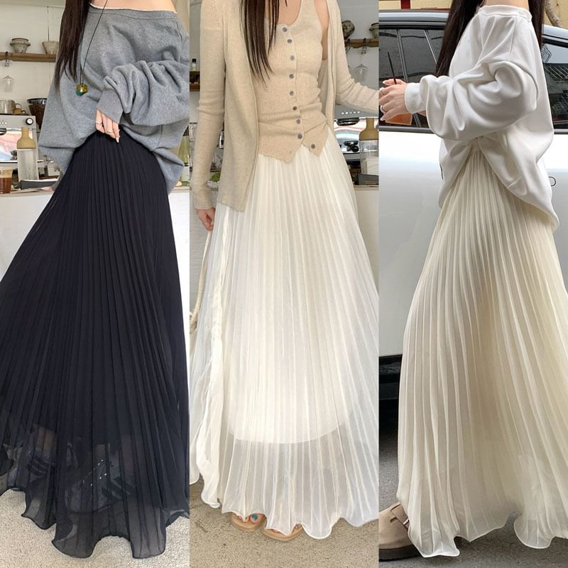 High Waist Plain Accordion Pleated Maxi A-Line Skirt