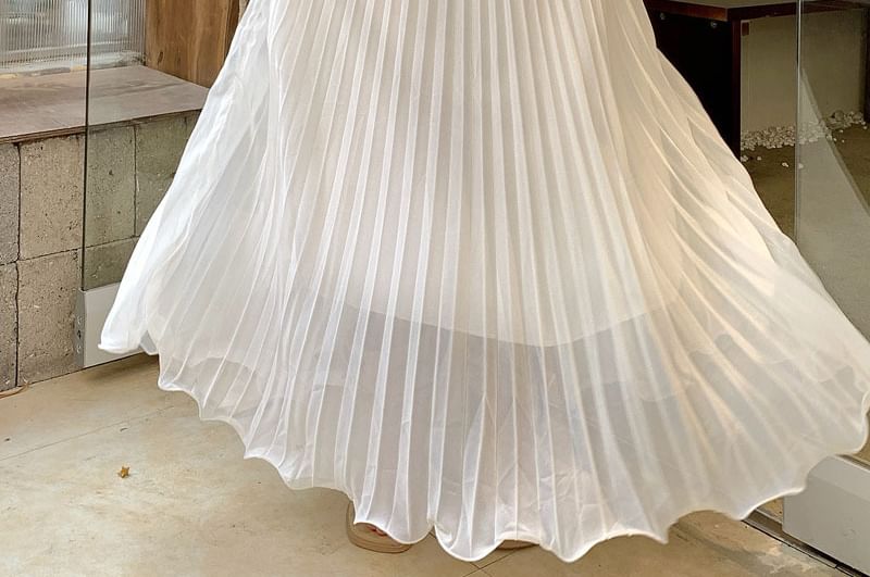 High Waist Plain Accordion Pleated Maxi A-Line Skirt