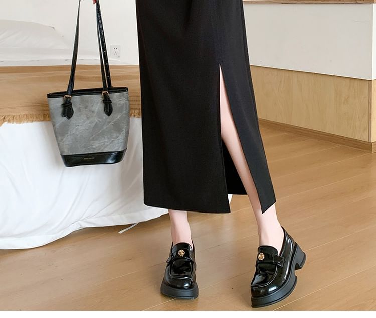 High Waist Plain Ruched Slit Midi Straight Skirt