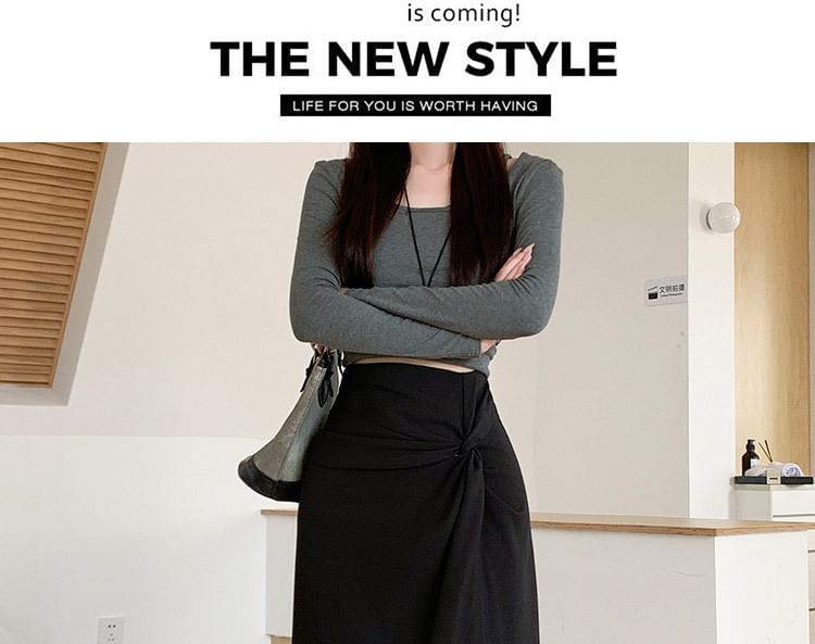 High Waist Plain Ruched Slit Midi Straight Skirt