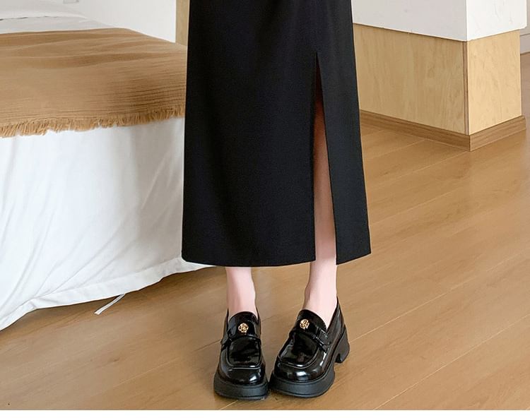 High Waist Plain Ruched Slit Midi Straight Skirt