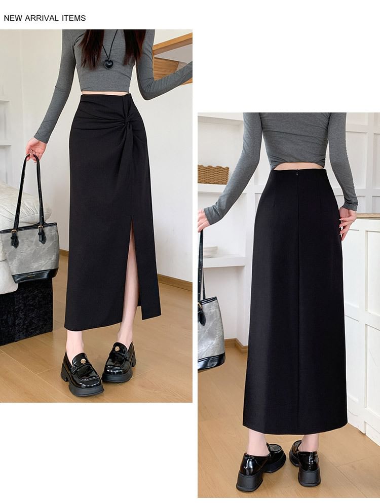 High Waist Plain Ruched Slit Midi Straight Skirt