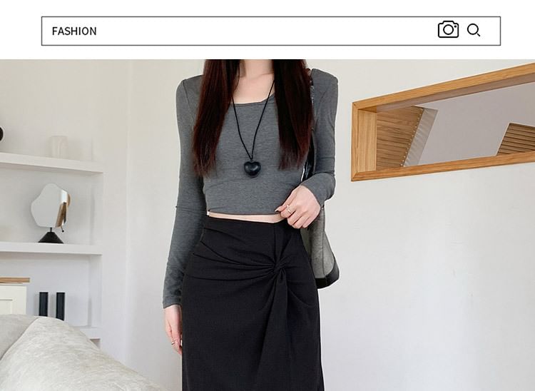 High Waist Plain Ruched Slit Midi Straight Skirt
