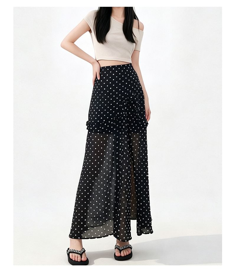 High Waist Asymmetrical Ruffle Trim Slit Maxi A-Line Skirt