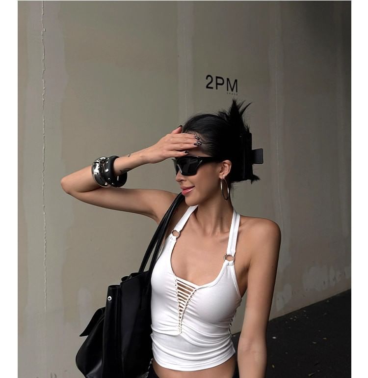 Halter Scoop Neck Plain Crop Tank Top