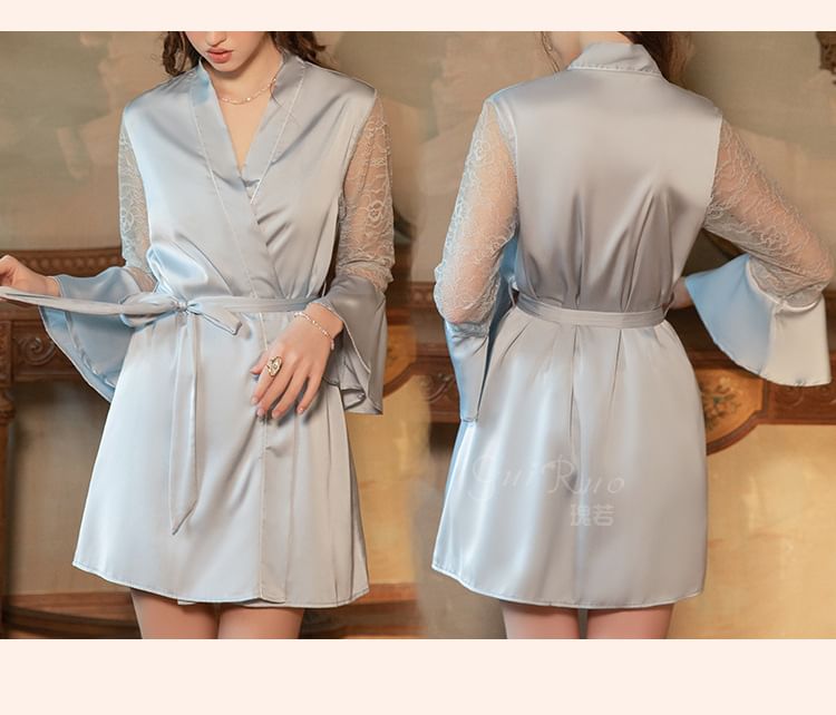 V-Neck Lace Panel Padded Satin Camisole Top / Shorts / Pajama Robe / Belt / Set