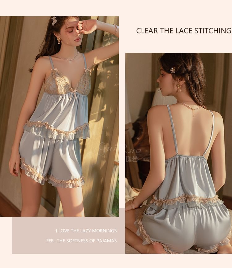 V-Neck Lace Panel Padded Satin Camisole Top / Shorts / Pajama Robe / Belt / Set