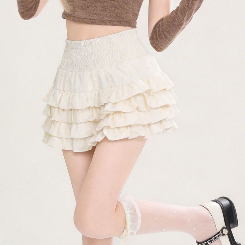 High Waist Smocked Tiered Lace Mini A-Line Skirt