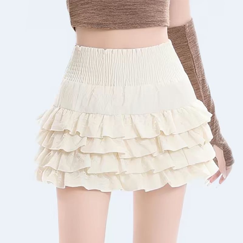 High Waist Smocked Tiered Lace Mini A-Line Skirt