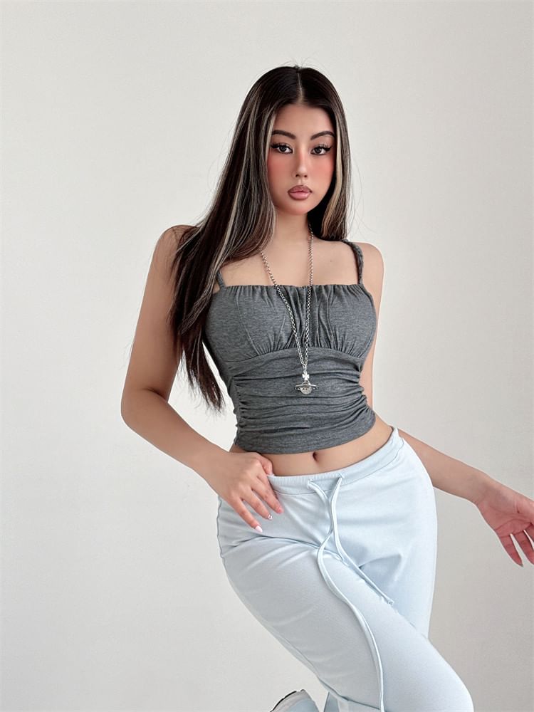 Square Neck Plain Crop Camisole with Thin Straps