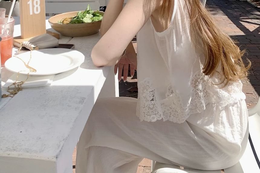 Sleeveless Round Neck Plain Lace Panel Top / Elastic Waist Plain Wide Leg Pants