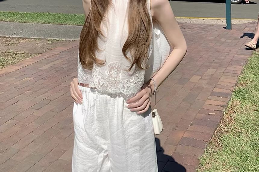 Sleeveless Round Neck Plain Lace Panel Top / Elastic Waist Plain Wide Leg Pants