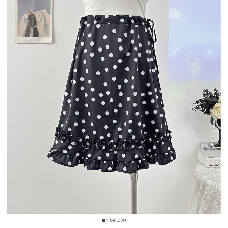 Drawstring Waist Polka Dot Ruffle Midi A-Line Skirt