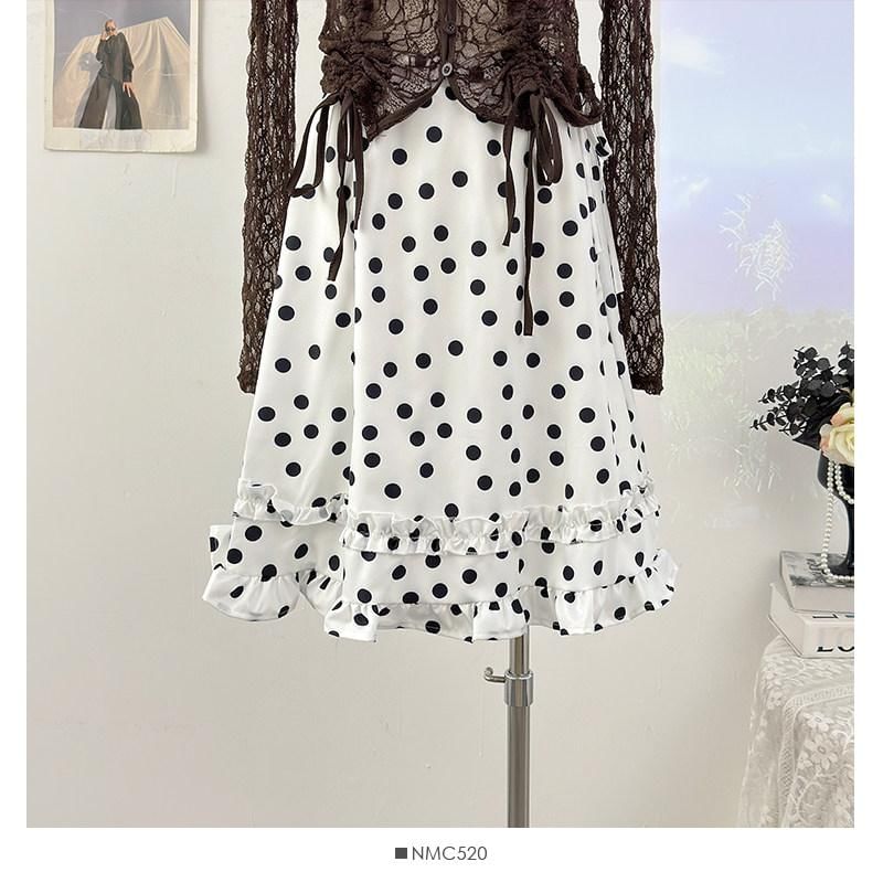 Drawstring Waist Polka Dot Ruffle Midi A-Line Skirt