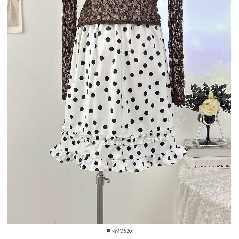 Drawstring Waist Polka Dot Ruffle Midi A-Line Skirt