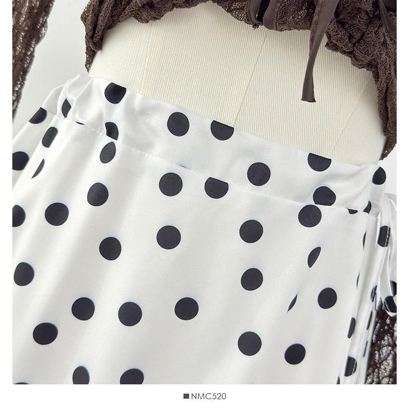 Drawstring Waist Polka Dot Ruffle Midi A-Line Skirt