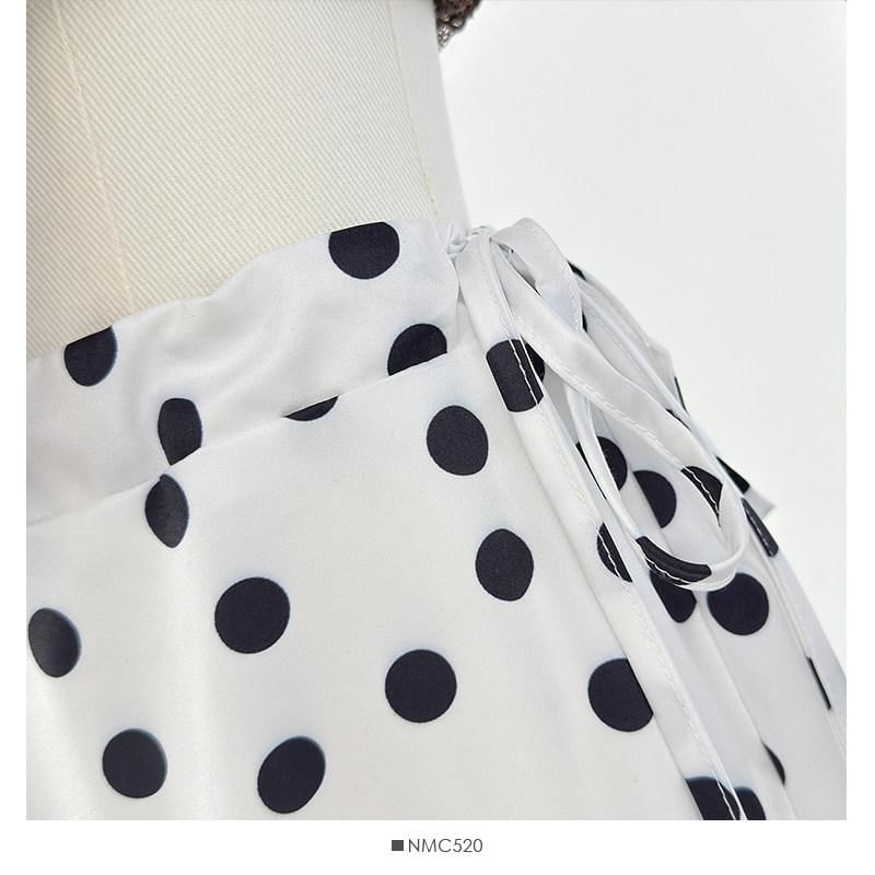 Drawstring Waist Polka Dot Ruffle Midi A-Line Skirt