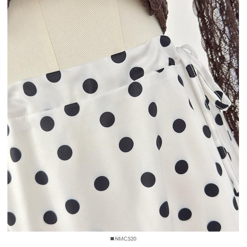 Drawstring Waist Polka Dot Ruffle Midi A-Line Skirt