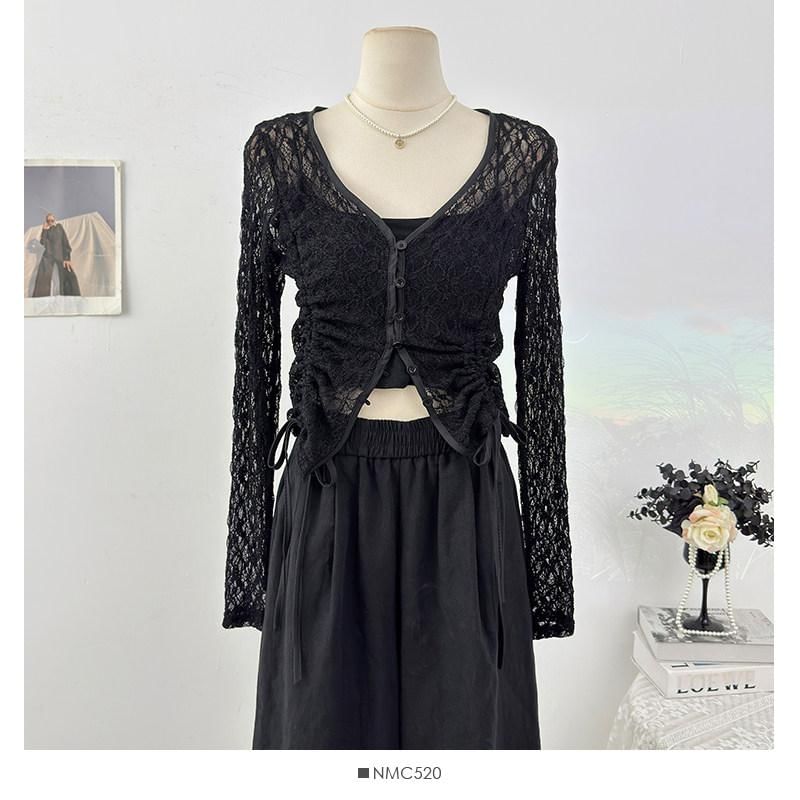 Long Sleeve V-Neck Plain Drawstring Button Lace Top