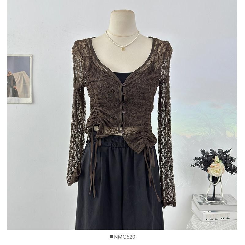 Long Sleeve V-Neck Plain Drawstring Button Lace Top