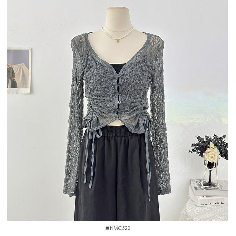 Long Sleeve V-Neck Plain Drawstring Button Lace Top