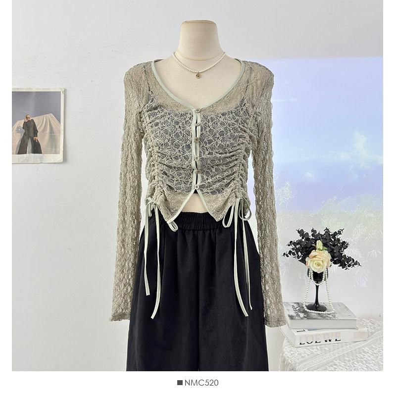 Long Sleeve V-Neck Plain Drawstring Button Lace Top