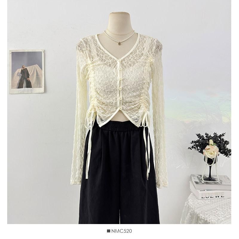 Long Sleeve V-Neck Plain Drawstring Button Lace Top