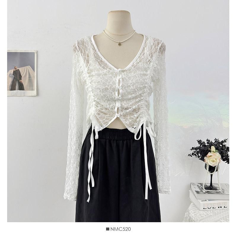 Long Sleeve V-Neck Plain Drawstring Button Lace Top