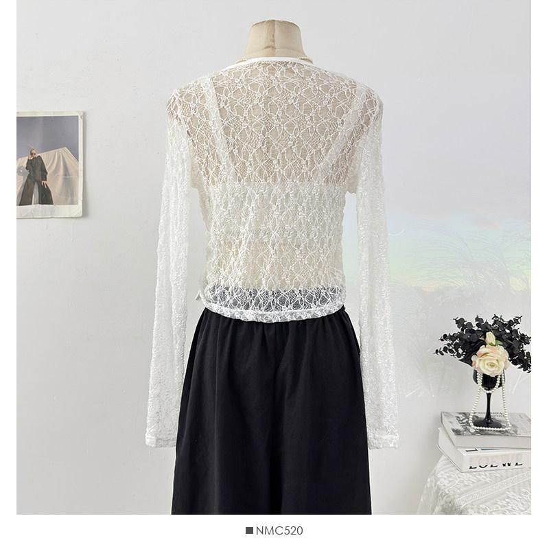 Long Sleeve V-Neck Plain Drawstring Button Lace Top