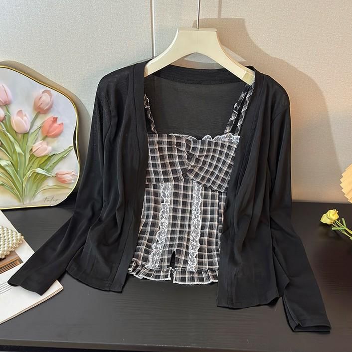 Set: Plaid Slit Lace Trim Camisole Top + Plain Open Front Cardigan