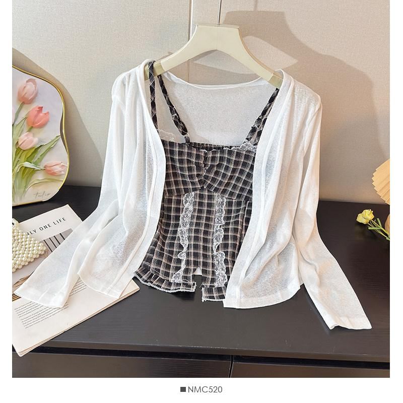 Set: Plaid Slit Lace Trim Camisole Top + Plain Open Front Cardigan