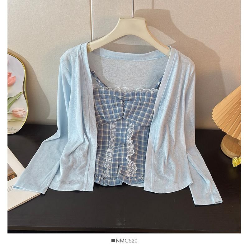 Set: Plaid Slit Lace Trim Camisole Top + Plain Open Front Cardigan