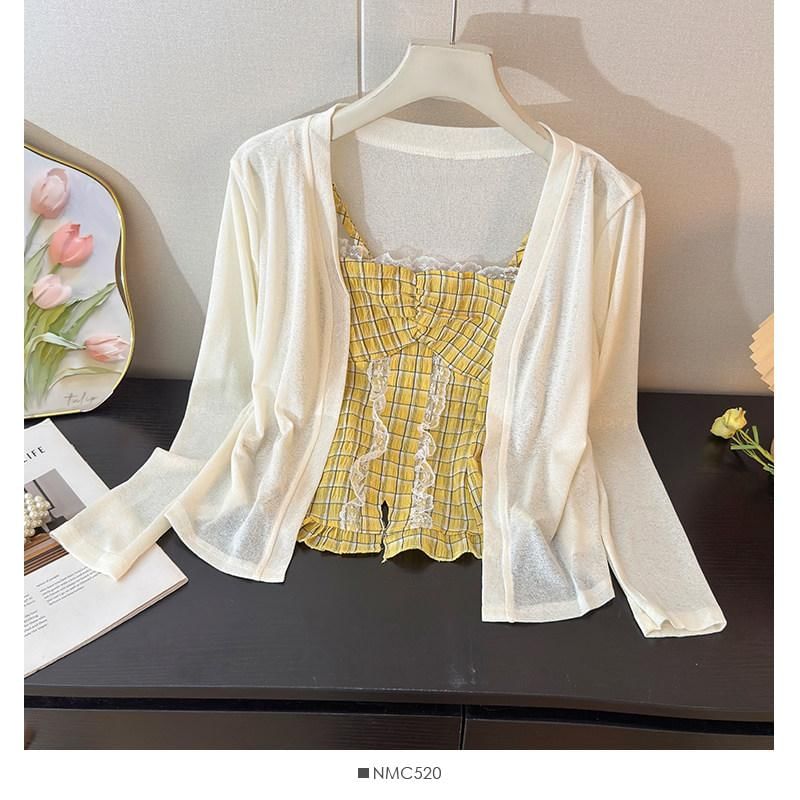 Set: Plaid Slit Lace Trim Camisole Top + Plain Open Front Cardigan