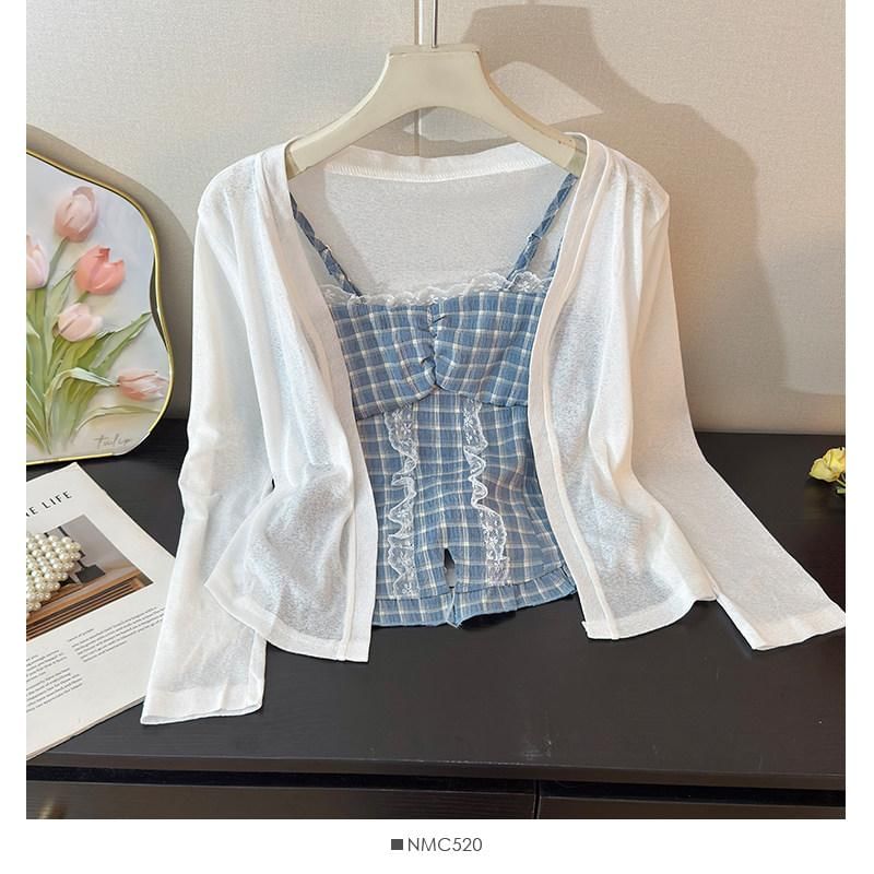 Set: Plaid Slit Lace Trim Camisole Top + Plain Open Front Cardigan