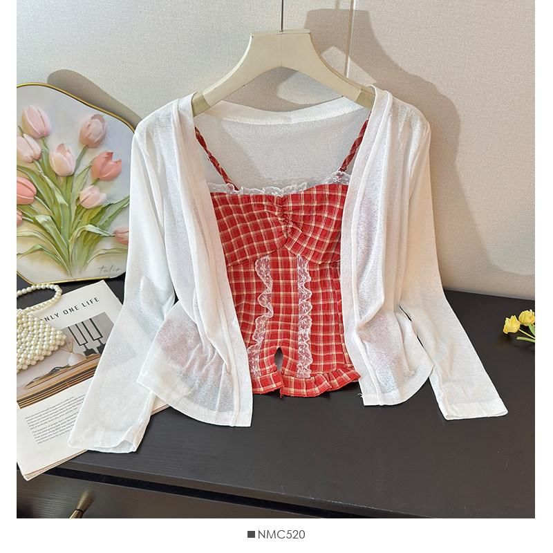 Set: Plaid Slit Lace Trim Camisole Top + Plain Open Front Cardigan