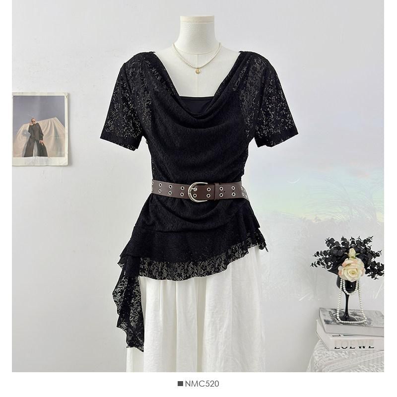 Short Sleeve Cowl Neck Plain Asymmetrical Mock Two Piece Lace Top