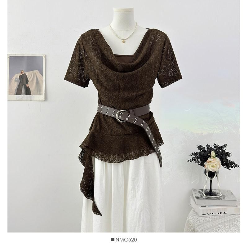 Short Sleeve Cowl Neck Plain Asymmetrical Mock Two Piece Lace Top