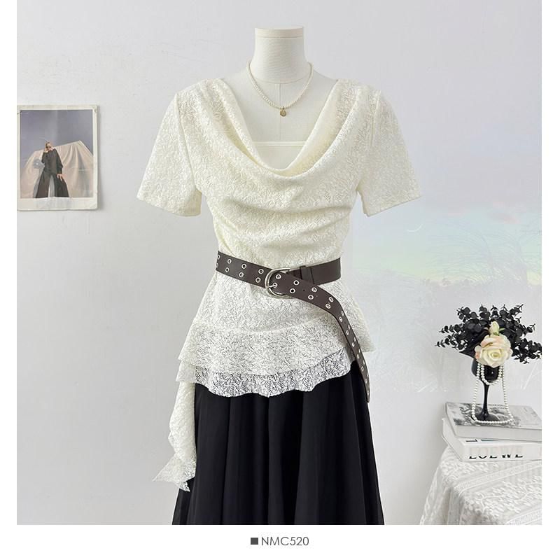 Short Sleeve Cowl Neck Plain Asymmetrical Mock Two Piece Lace Top