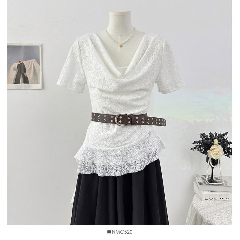 Short Sleeve Cowl Neck Plain Asymmetrical Mock Two Piece Lace Top