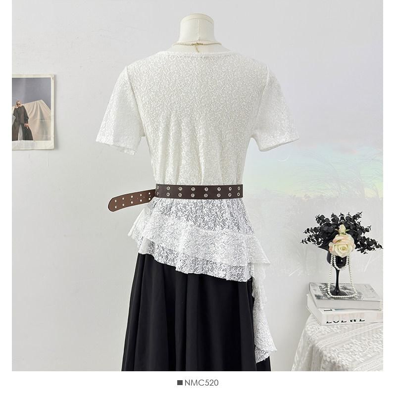 Short Sleeve Cowl Neck Plain Asymmetrical Mock Two Piece Lace Top
