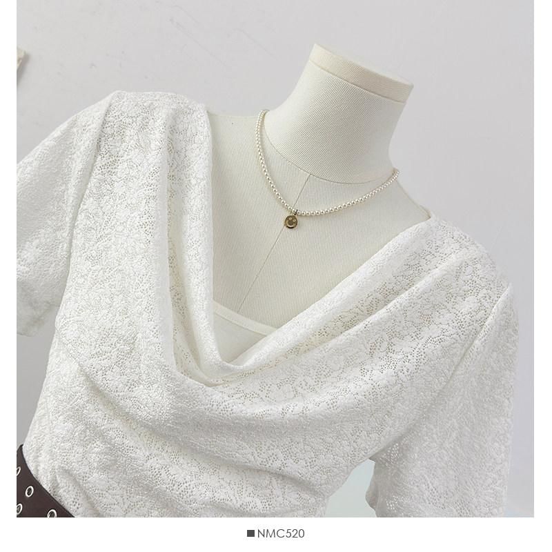 Short Sleeve Cowl Neck Plain Asymmetrical Mock Two Piece Lace Top