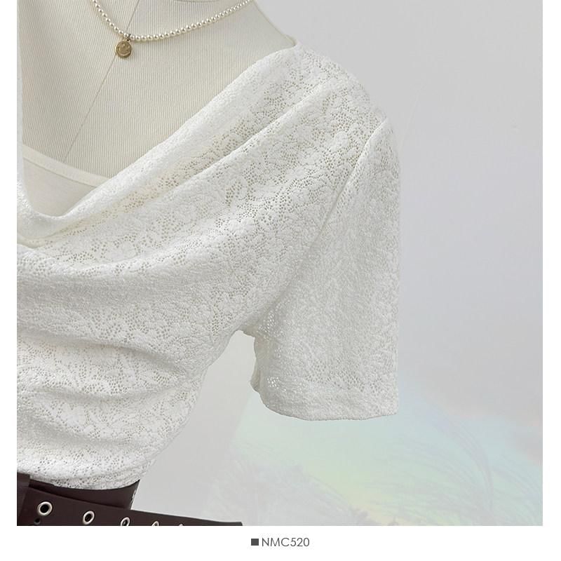 Short Sleeve Cowl Neck Plain Asymmetrical Mock Two Piece Lace Top