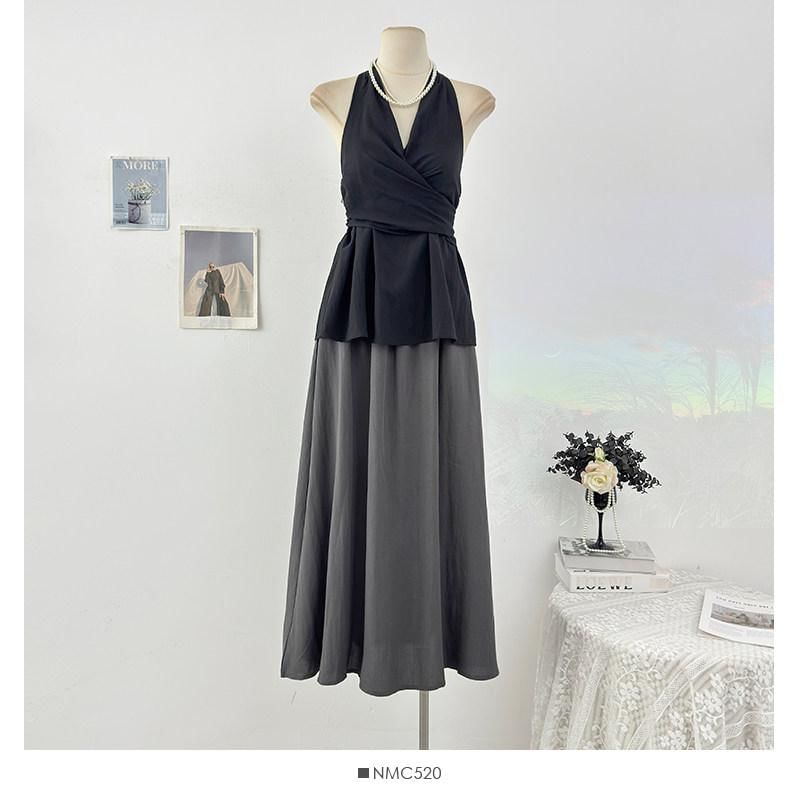 Set: Halter Plain Tie-Up Top + Elastic Waist Melange Maxi A-Line Skirt