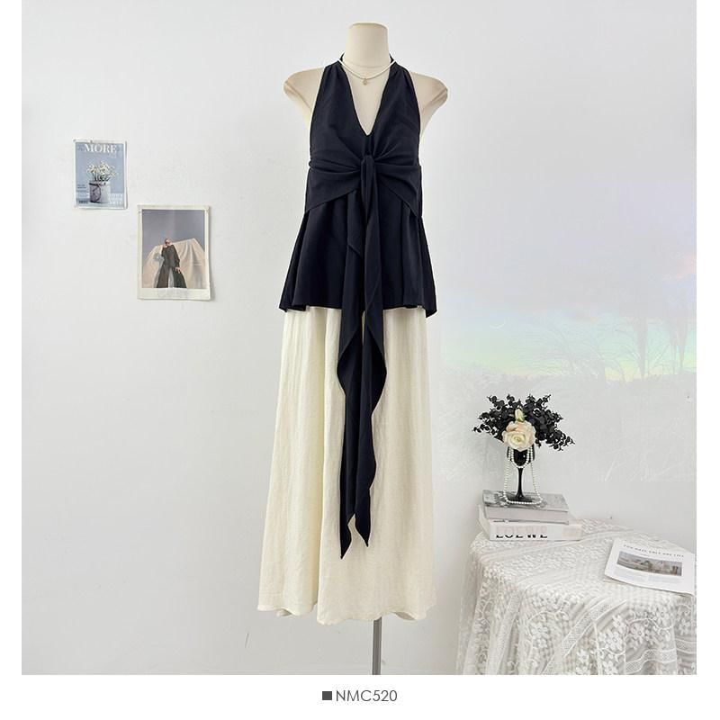 Set: Halter Plain Tie-Up Top + Elastic Waist Melange Maxi A-Line Skirt